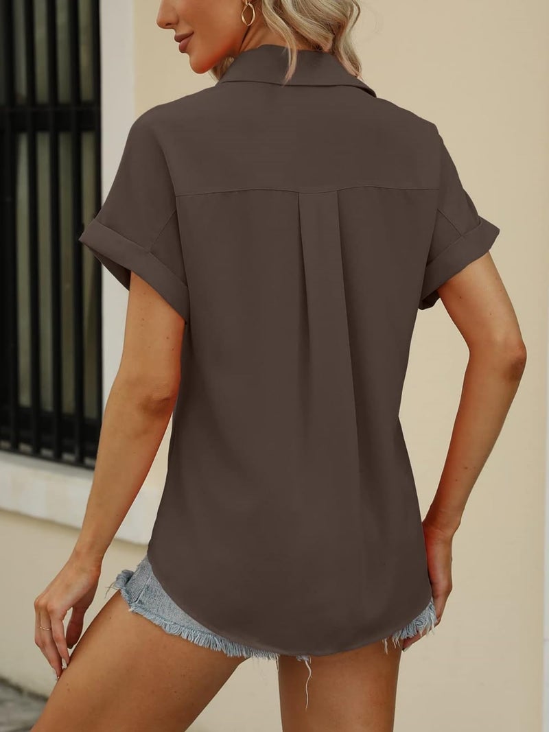 Beautife Womens Short Sleeve Shirts V Neck Collared Button Down Shirt Tops with Pockets (Medium, Coffee) - Image 5